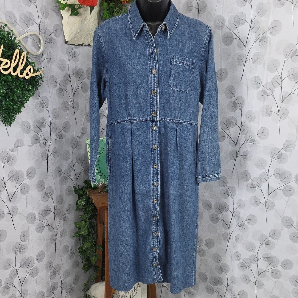 L.L. Bean Vintage Denim Button-Front Midi Dress-8 Petite - Picture 4 of 11